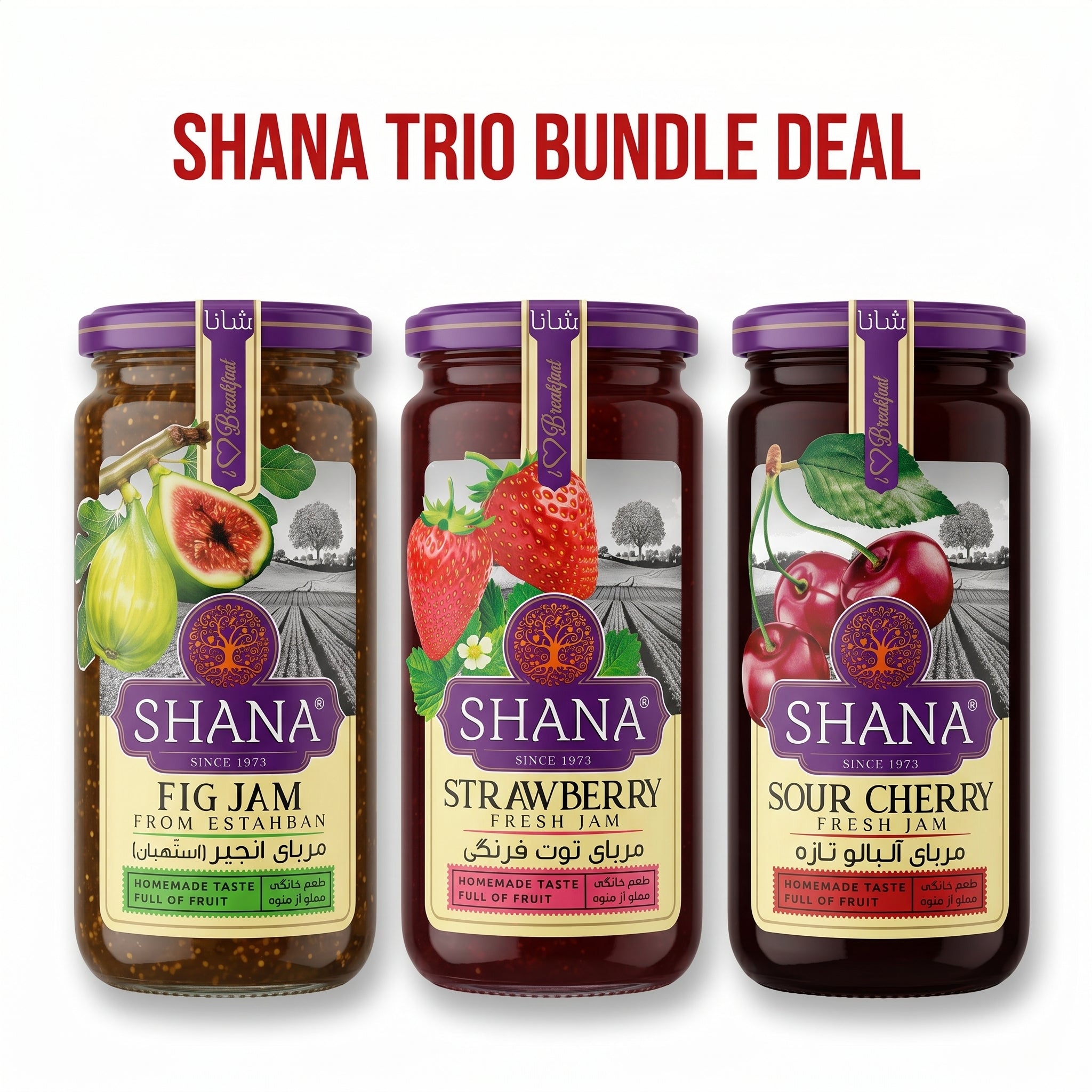 Shana Trio  Bundle Deal – 3-Jar Artisanal Bundle: Fig (Estahban), Sour Cherry & Strawberry (290g Each)