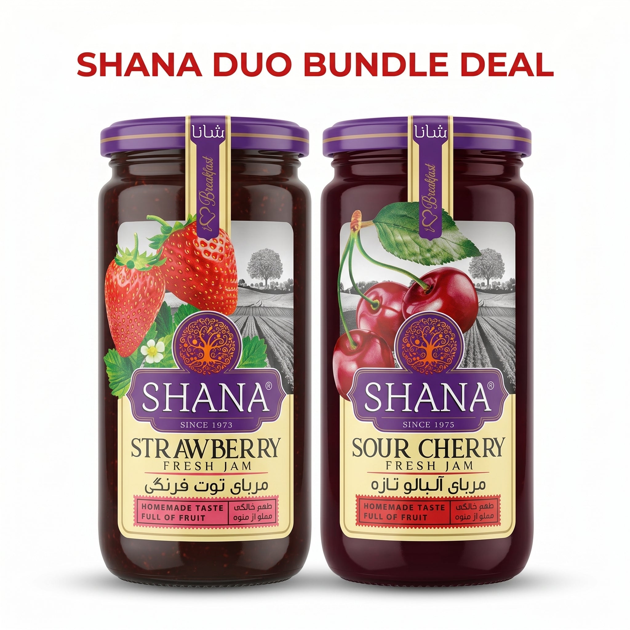 Shana Jam Duo Bundle – Authentic Strawberry & Sour Cherry Preserve Set (2 x 290g) – Traditional Homemade Taste