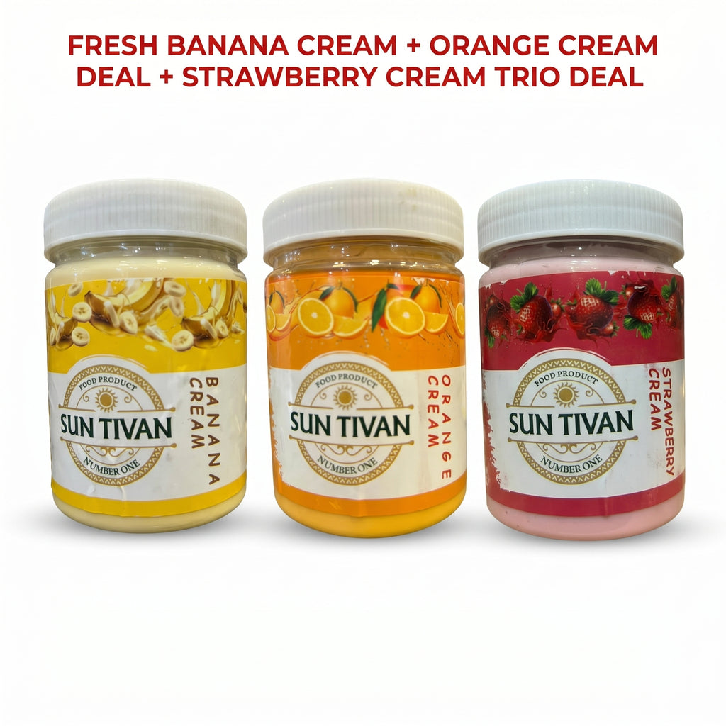 Sun Tivan Edible Cream Trio – Strawberry, Orange & Banana Flavor Spreads Bundle (3 x 400g)