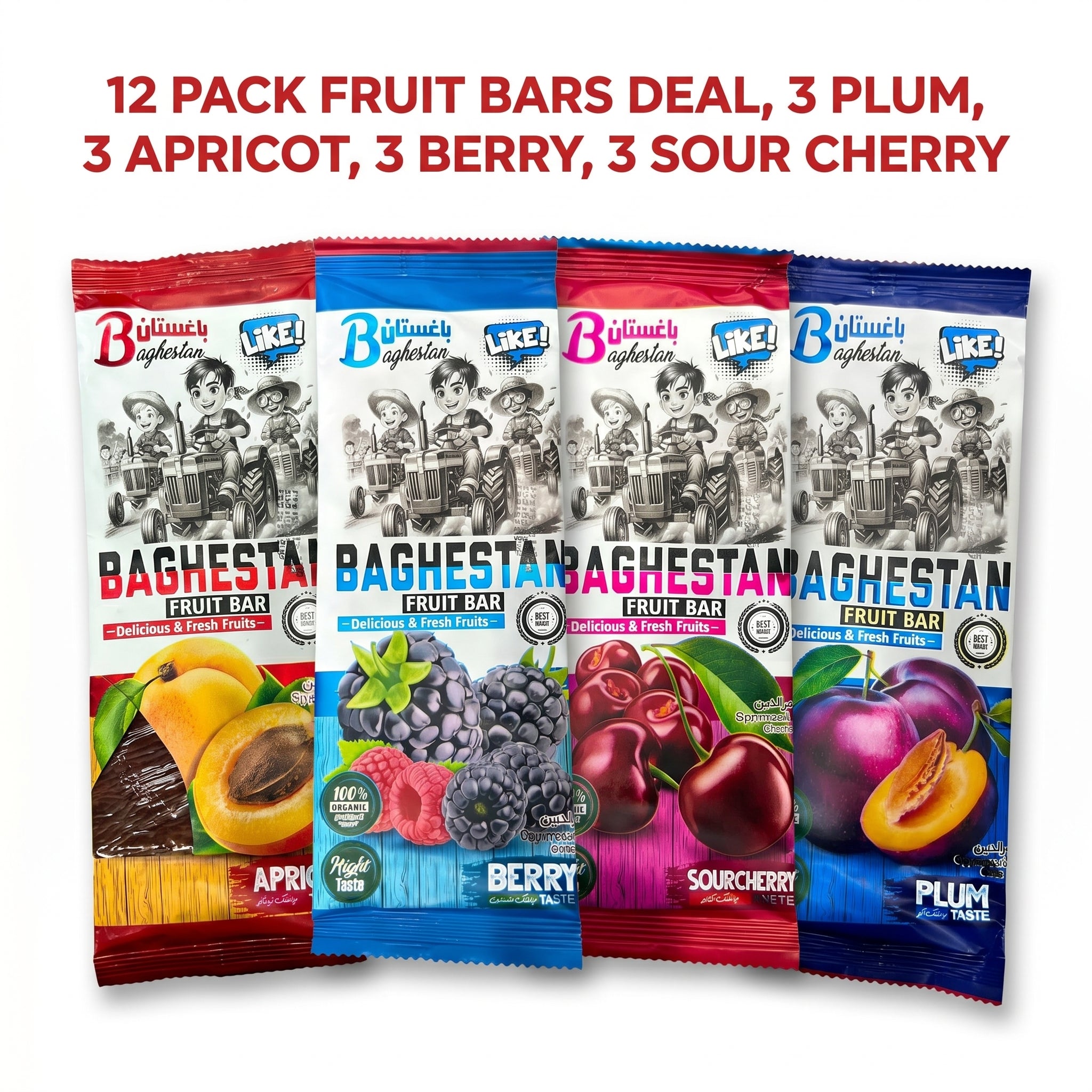 Baghestan Fruit Bar Variety Bundle – 12-Pack Artisanal Orchard Treats (Apricot, Berry, Sourcherry & Plum - 3 PIECE EACH - 12 INCH LARGE SIZE )