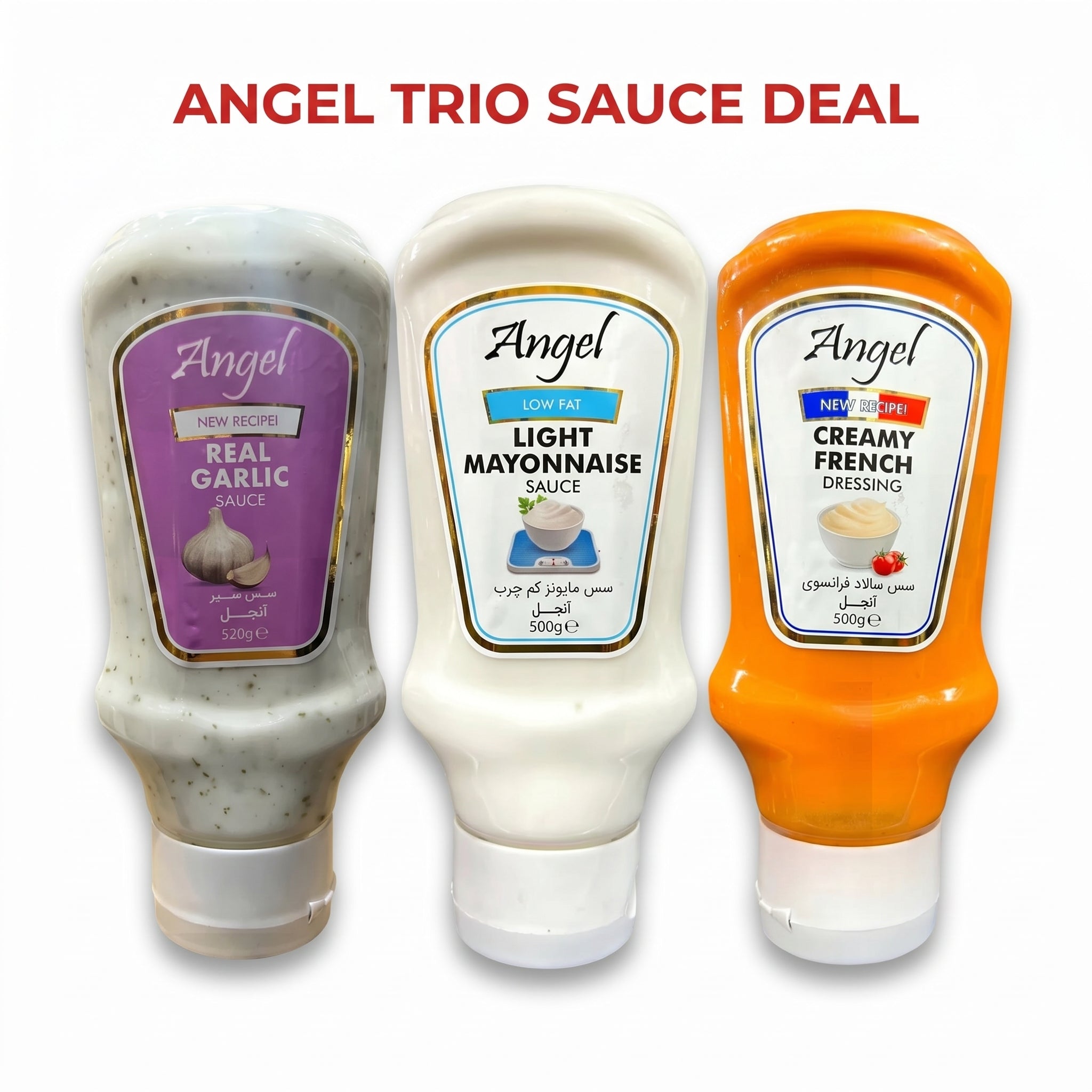 Angel Sauces Trio – 3-Pack Bundle: Creamy French, Real Garlic & Light Mayonnaise (500g-520g Bottles)