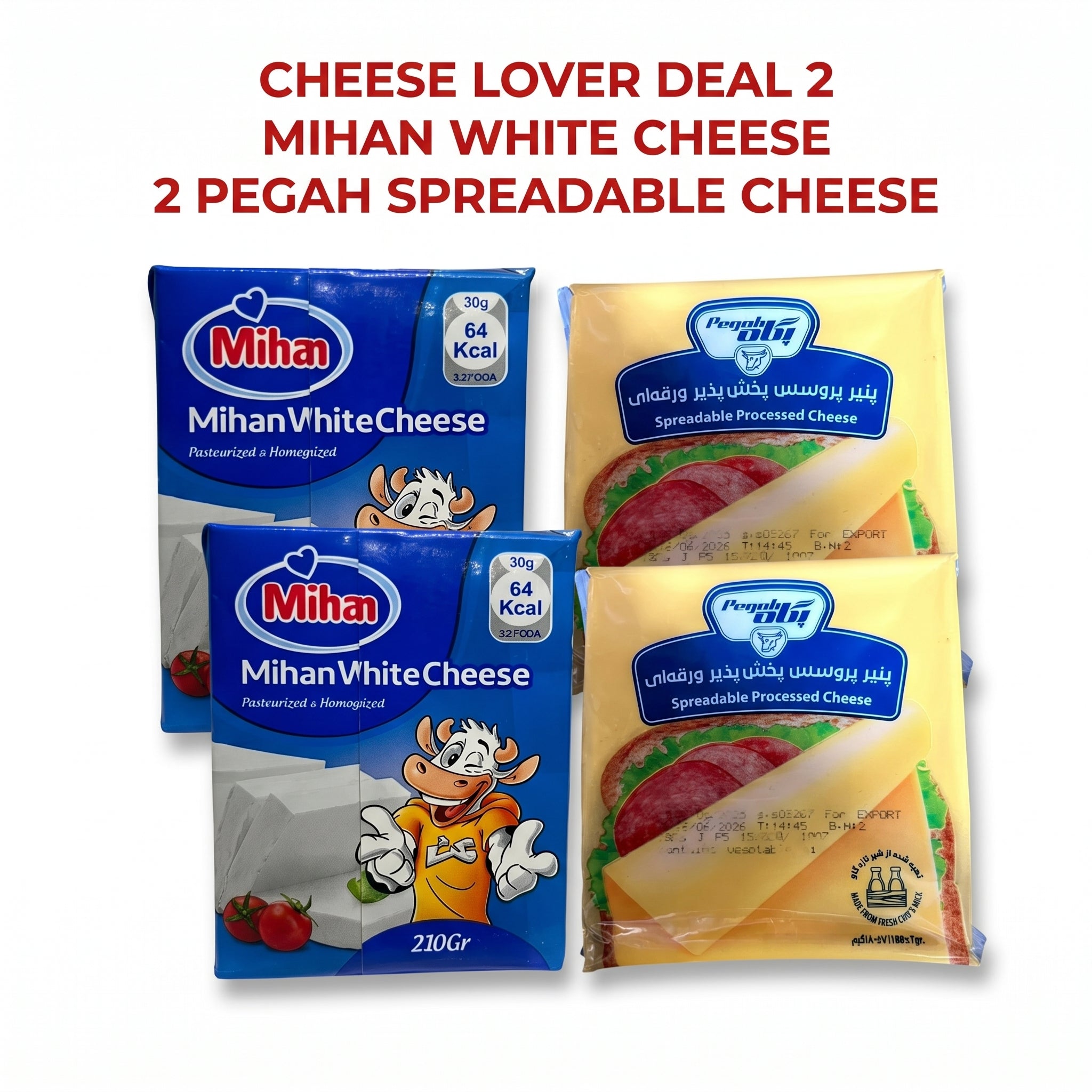 Mihan & Pegah Premium Cheese Bundle – 4-Pack  2x White Cheese (210g) + 2x Spreadable Processed Cheese (180g- 10 SLICES EACH) - 780 G TOTAL