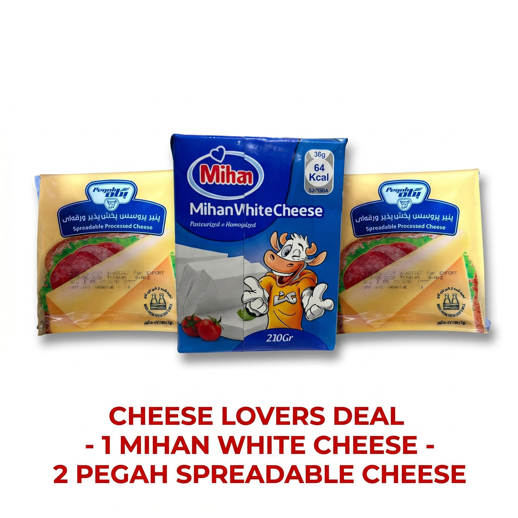 Mihan & Pegah Premium Cheese Trio – 3-Pack 1x Mihan White Cheese (210g) + 2x PEGAH Spreadable Processed Cheese (180g)- 580g total