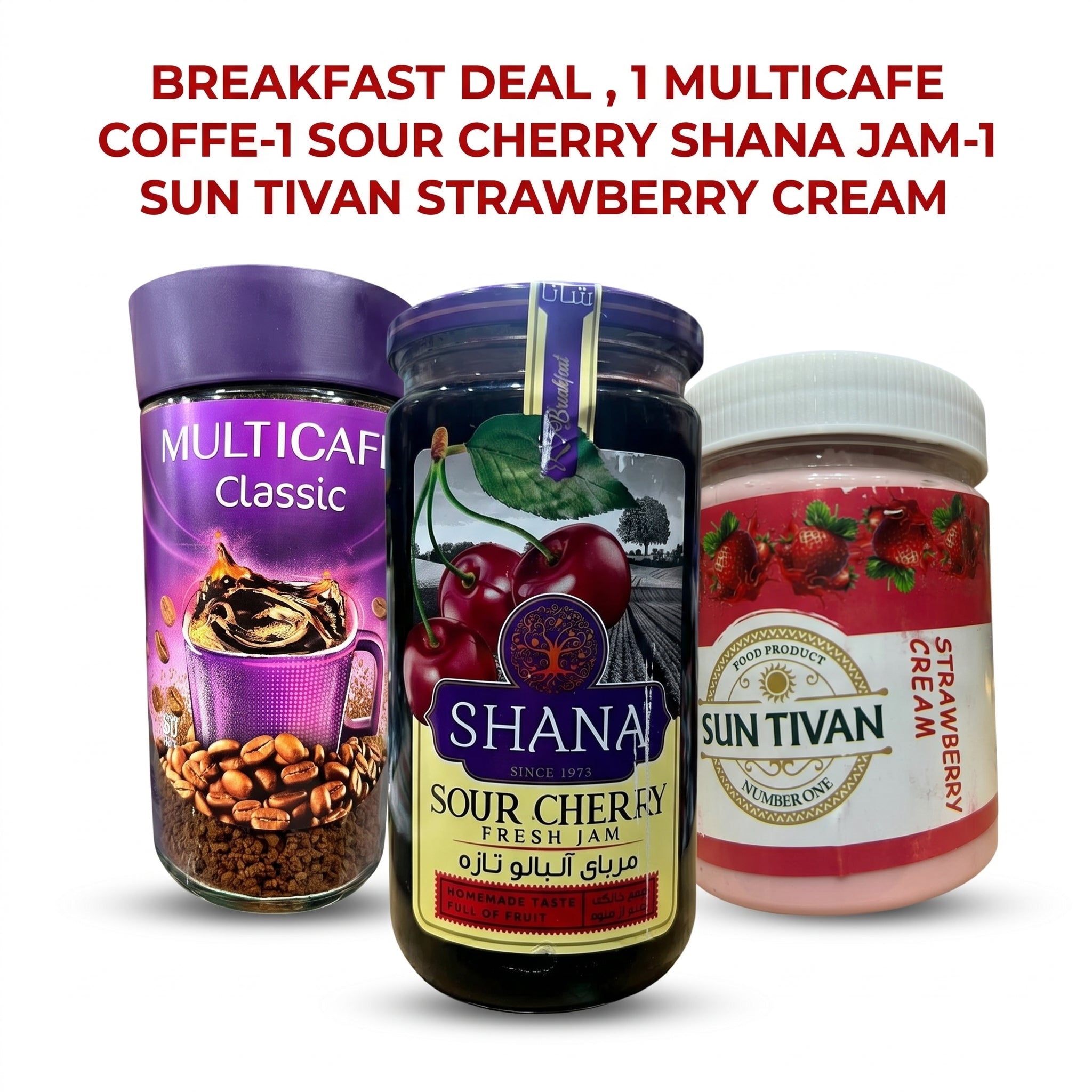 Morning Starter Bundle – 3-Pack : Shana Sour Cherry Jam (280g) + MultiCafé Classic Coffee (25 CUPS - 50 G) + Sun Tivan Strawberry Cream (400G)