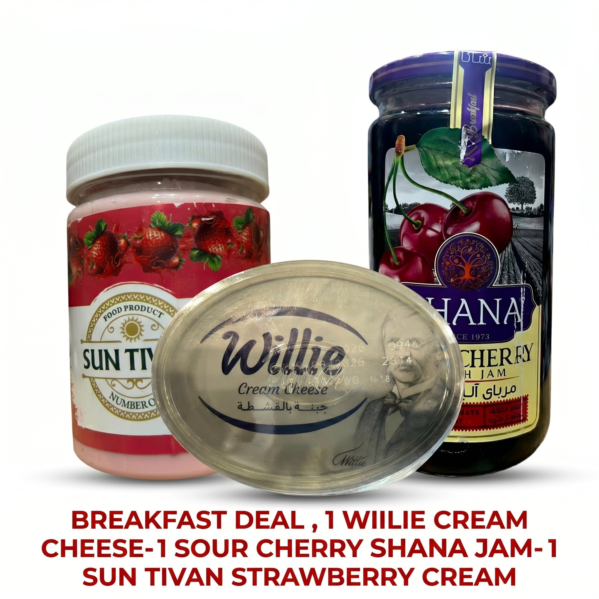 Sweet & Creamy Breakfast Trio – : Willie Cream Cheese(200 G) + Shana Sour Cherry Jam (280g) + Sun Tivan Strawberry Cream (400 G)