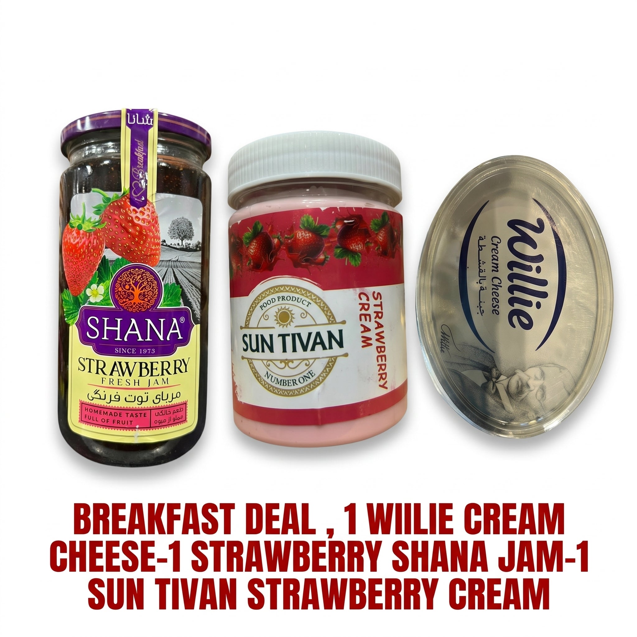 Sweet & Creamy Breakfast Trio – 3-Pack Bundle: Willie Cream Cheese + Shana Strawberry Jam (280g) + Sun Tivan Strawberry Cream