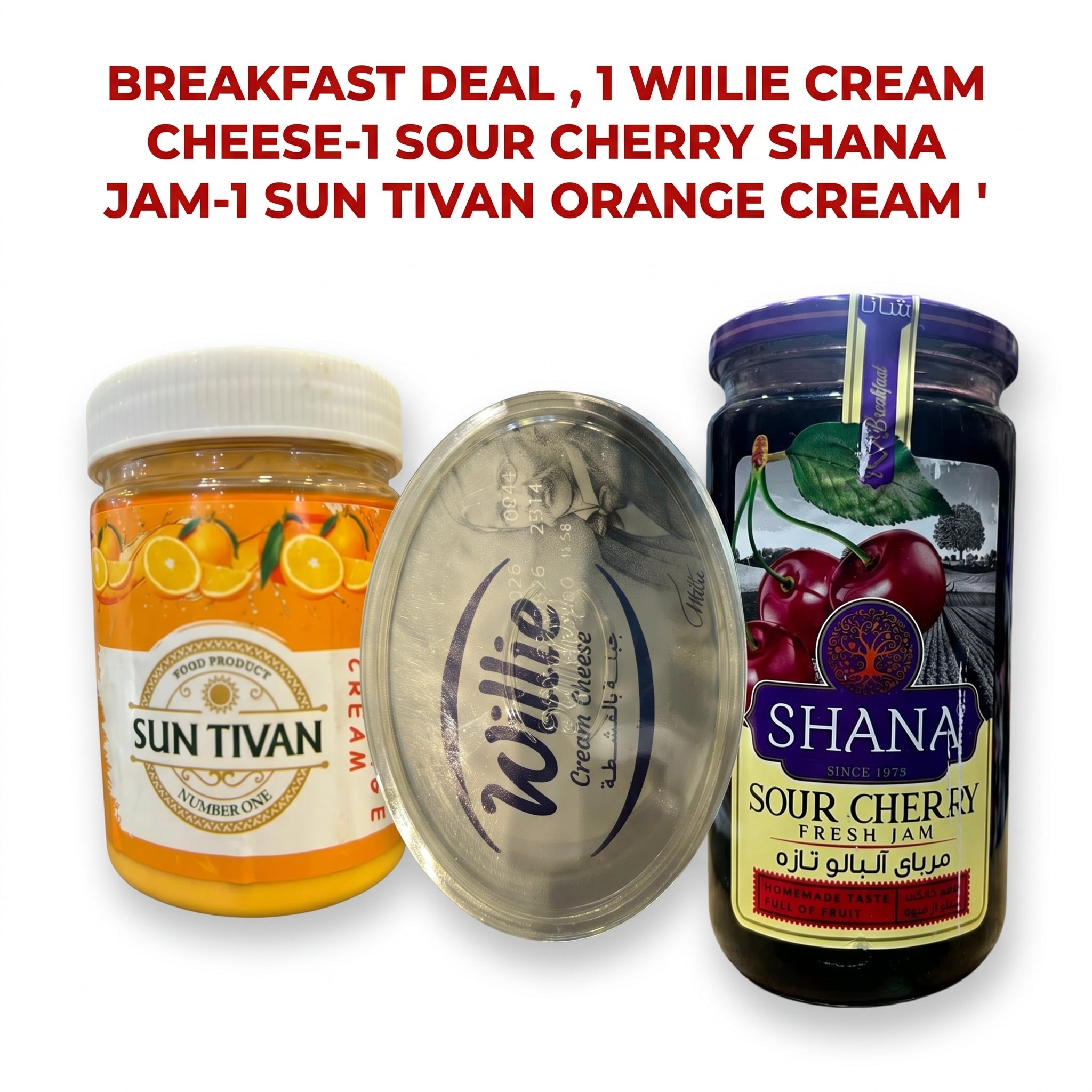 Sweet & Creamy Breakfast Trio – 3-Pack Bundle: Willie Cream Cheese + Shana Sour Cherry Jam (280g) + Sun Tivan Orange Cream