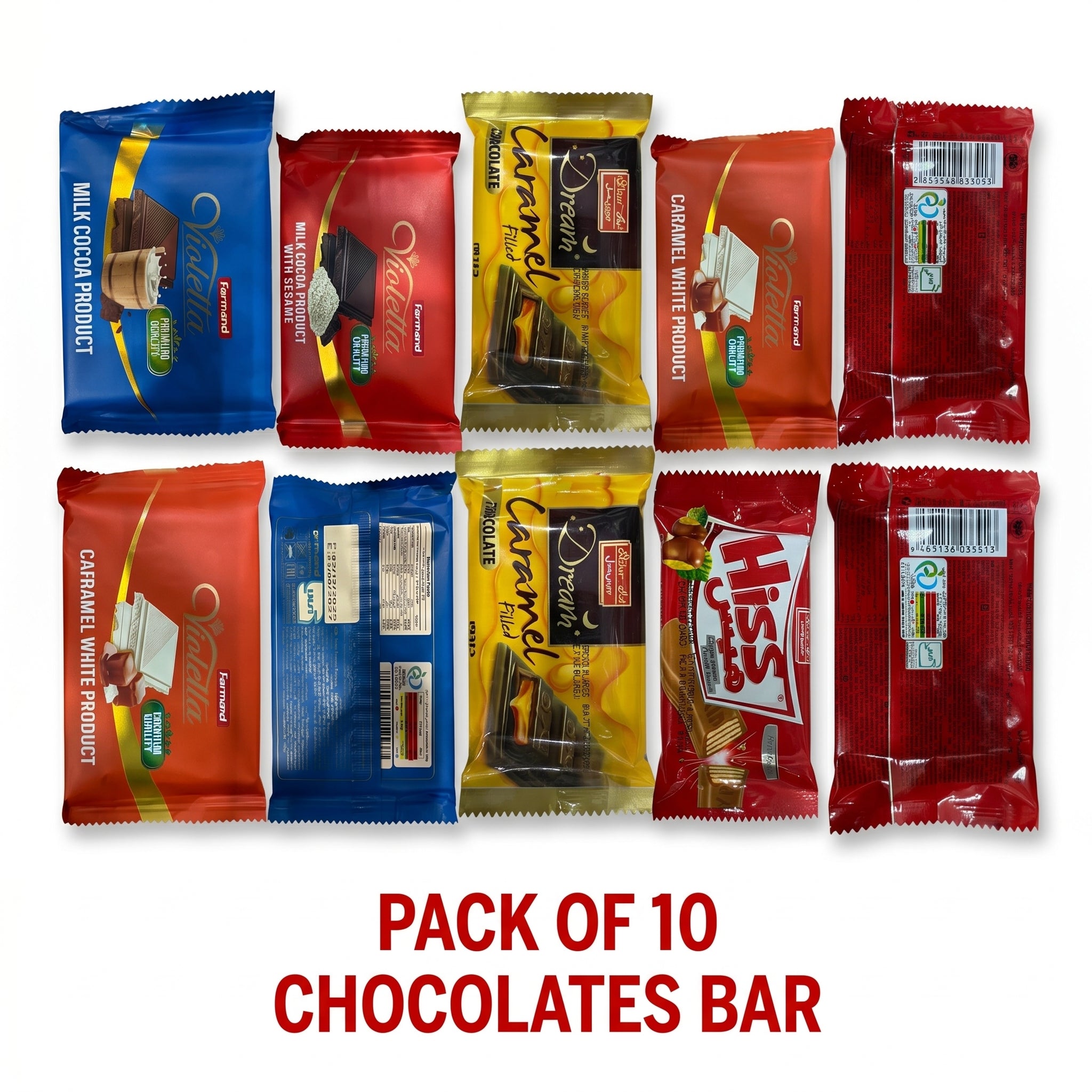 10 PACKS OF CHOCOLATES - Violetta Milk Cocoa Bar with Sesame, Violetta Caramel White Chocolate Bar, violetta Classic Milk Cocoa Bar,Shirin Asal Dream Caramel Filled Chocolate, Shirin  Wafer Bar with Hazelnut - 2 PACK EACH