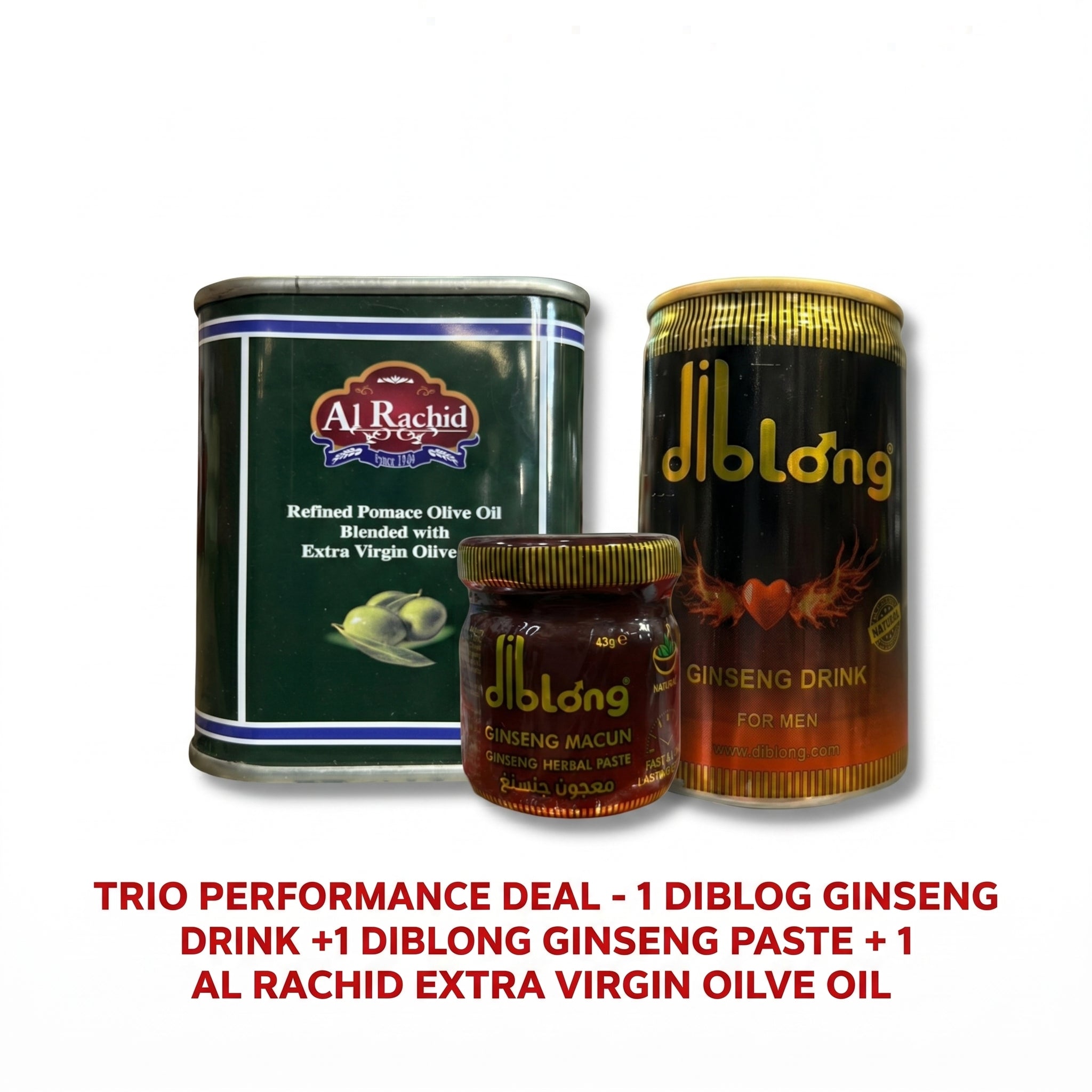 Diblong Energy Drink (150 ml ) and Diblong ginseng paste ( 43 G ) & Vitality Duo with Al Rachid Olive Oil Premium Bundle (175 ML)