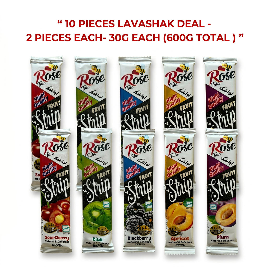 Rose Tala Premium Fruit Strip Bundle - 10-Piece Variety Pack (2 of Each Flavor) | 100% Natural Persian Lavashak - 30G EACH