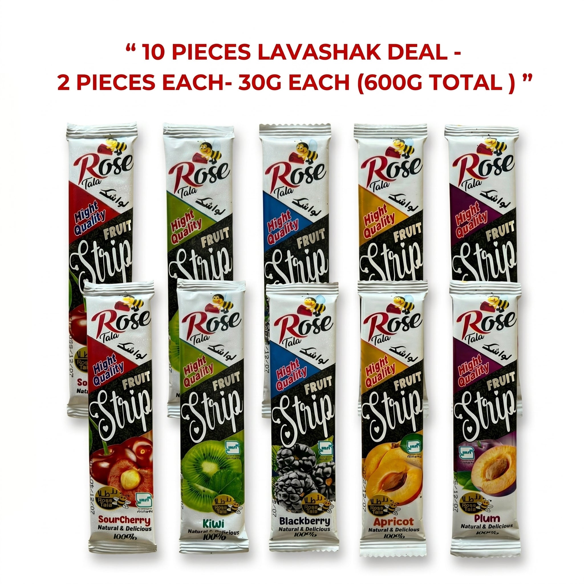 Rose Tala Premium Fruit Strip Bundle - 10-Piece Variety Pack (2 of Each Flavor) | 100% Natural Persian Lavashak - 30G EACH