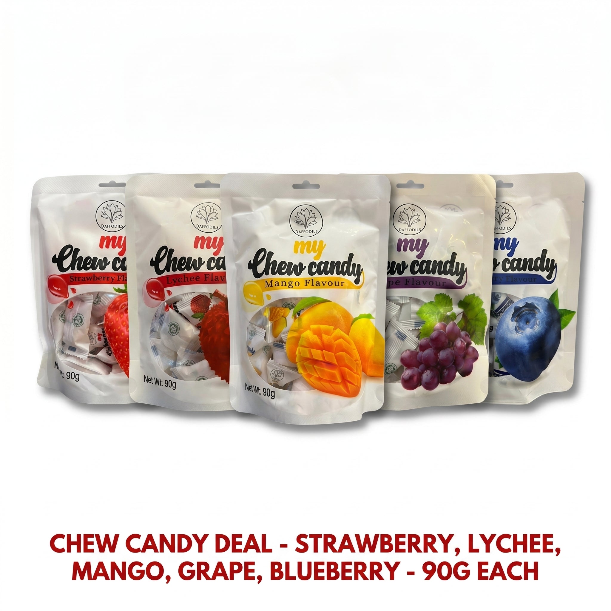 Daffodils Chew Candy Fruit Bundle (5-Pack) – Mango, Lychee, Grape, Strawberry & Blueberry Soft Chews (90g x 5 - 450G)