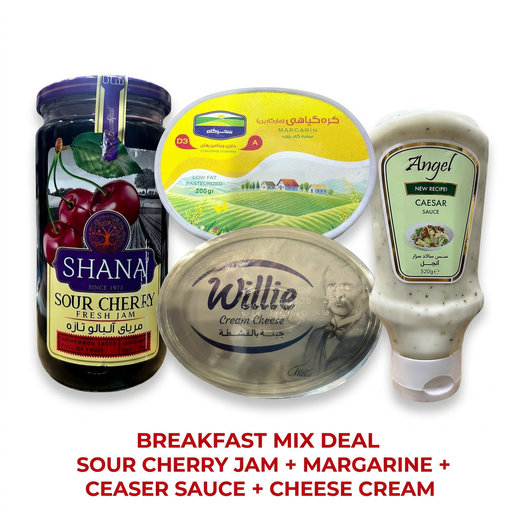 BREAKFAST MIX DEAL -Shana Sour Cherry Jam 280G, Willie Cream Cheese 200G, Sahargah Margarine 200G & Angel Caesar Sauce 520G