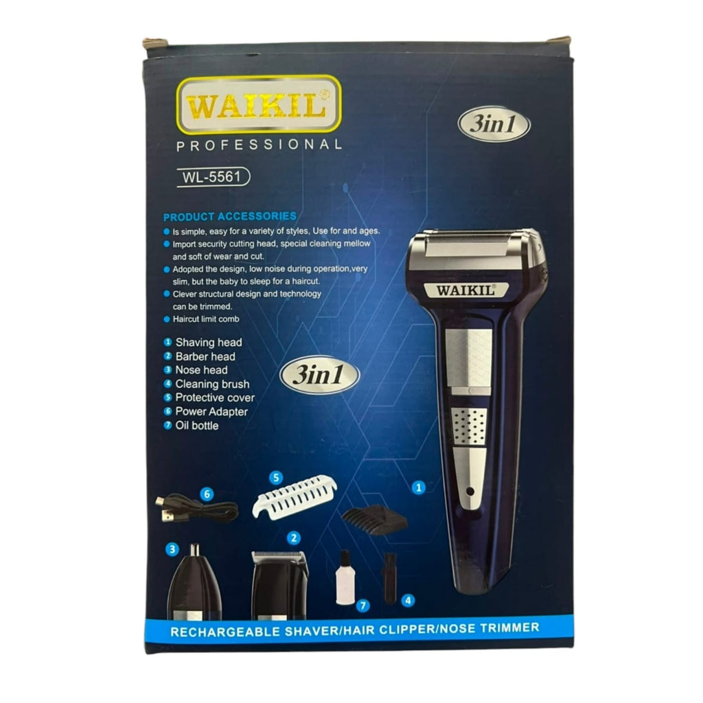 WAIKIL Professional 3-in-1 Rechargeable Shaver, Hair Clipper & Nose Trimmer (Model WL-5561)