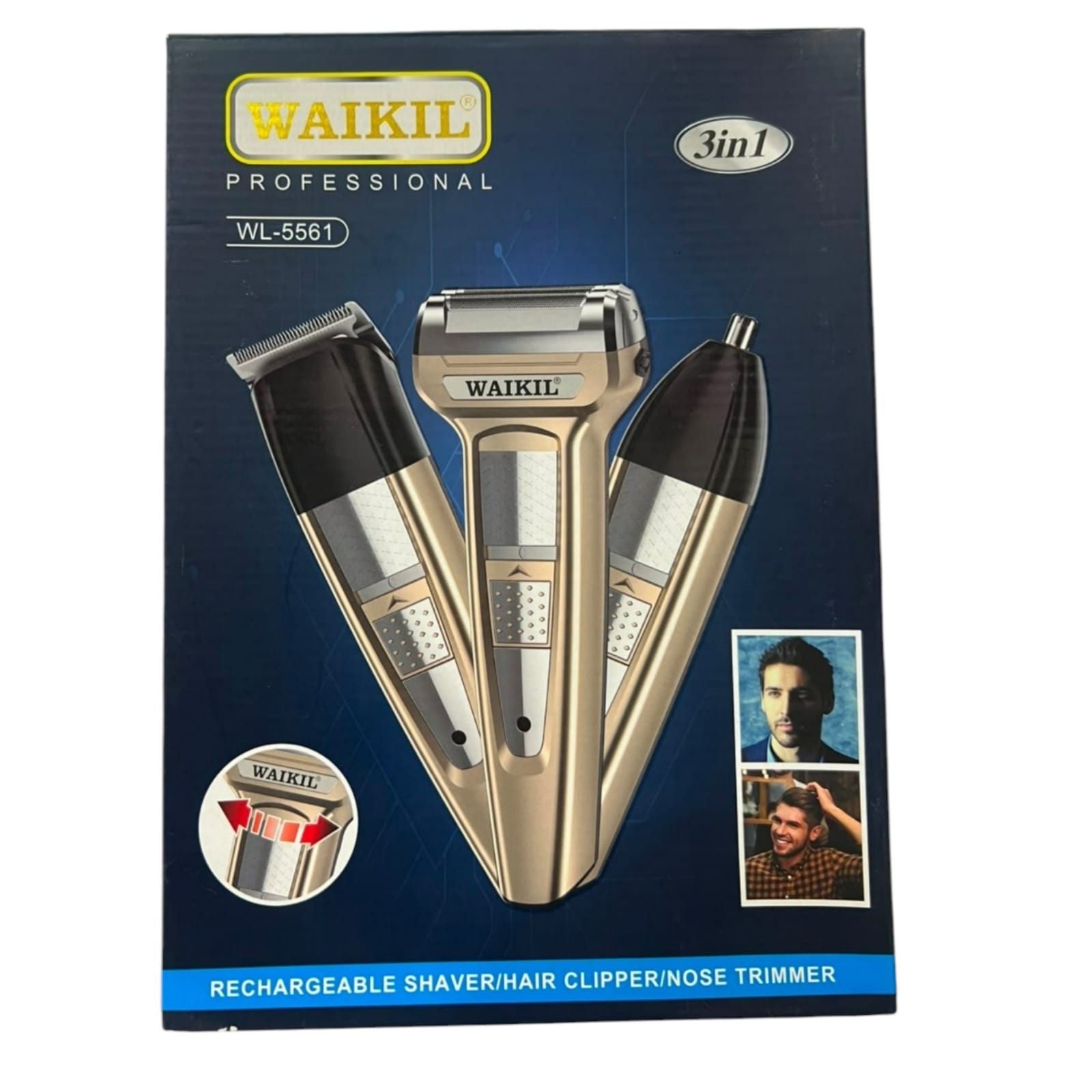 WAIKIL Professional 3-in-1 Rechargeable Shaver, Hair Clipper & Nose Trimmer (Model WL-5561)