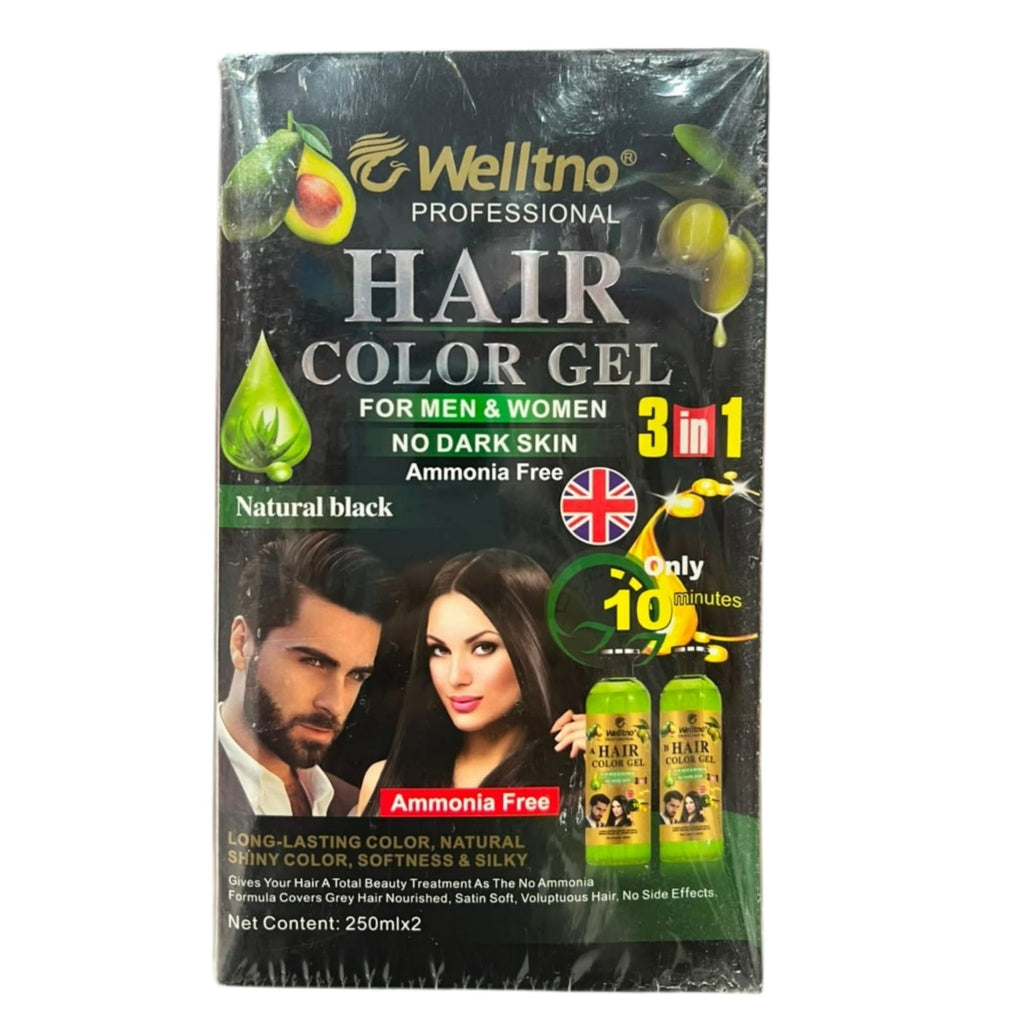 Welltno Professional 3-in-1 Ammonia-Free Hair Color Gel – Natural Black (250ml x 2)