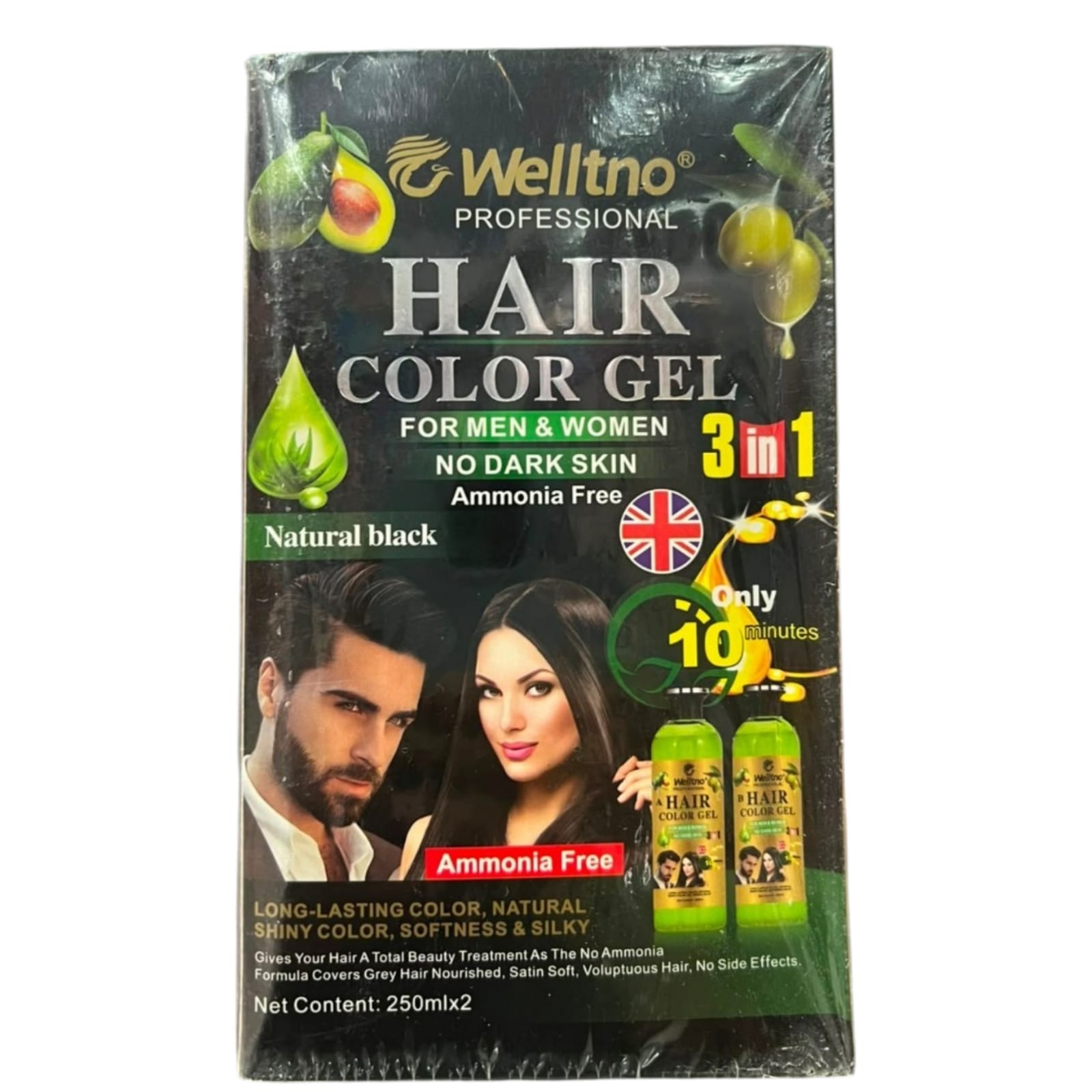 Welltno Professional 3-in-1 Ammonia-Free Hair Color Gel – Natural Black (250ml x 2)