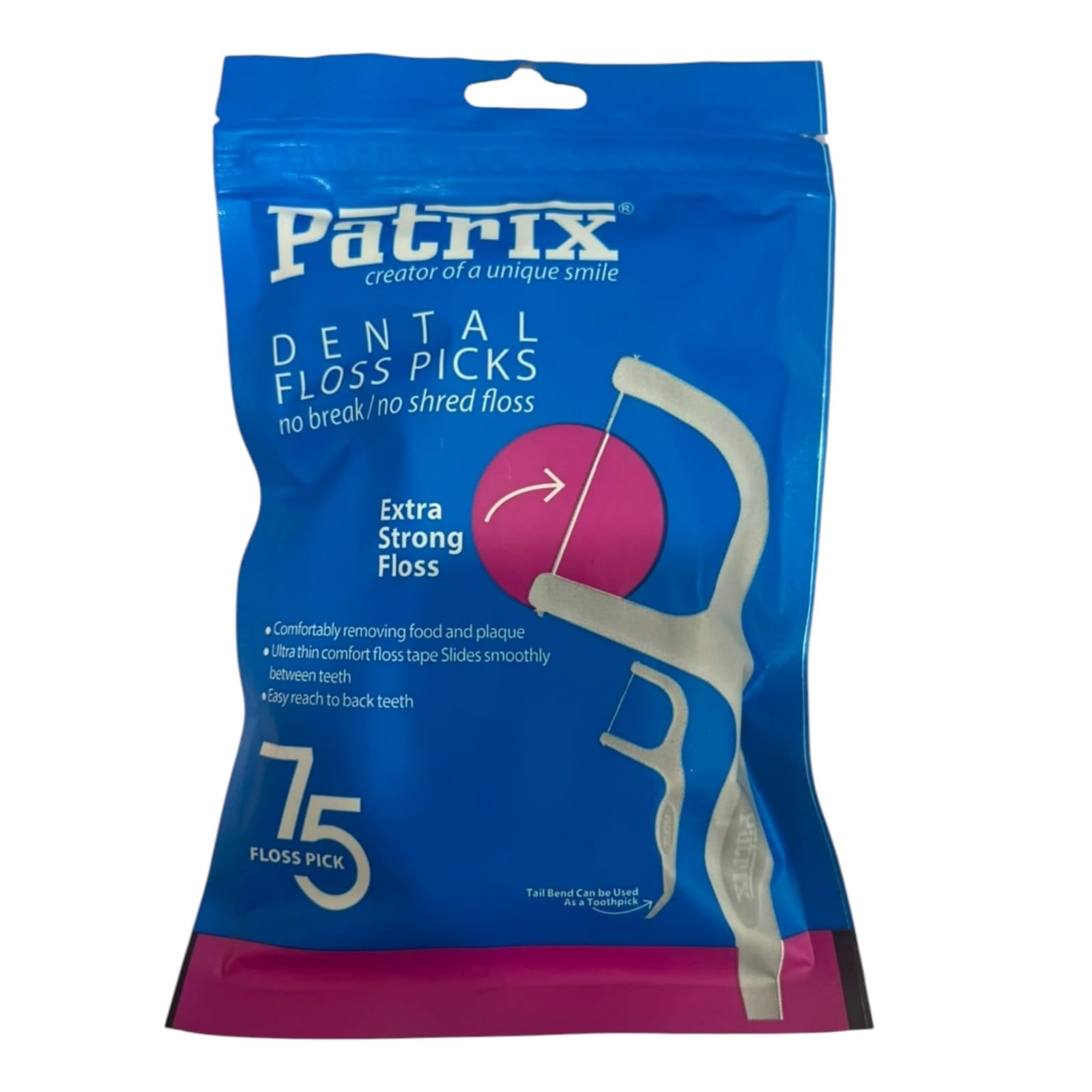 Patrix® Extra Strong Dental Floss Picks – No Break / No Shred Travel-Friendly Flossers (75 Count Pouch)