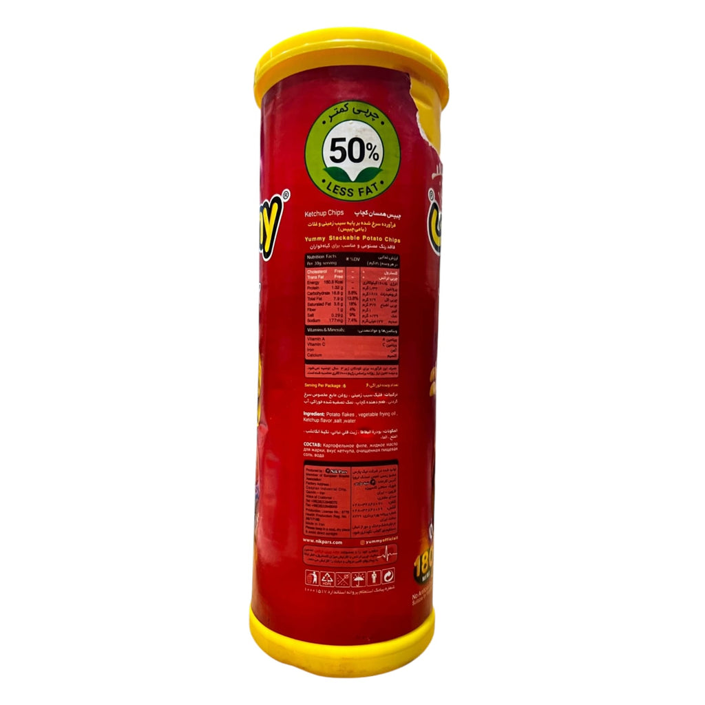 Yummy Premium Ketchup Stackable Potato Chips – 50% Less Fat Savory Tomato Crisps (180g Canister)