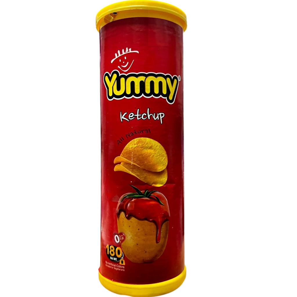 Yummy Premium Ketchup Stackable Potato Chips – 50% Less Fat Savory Tomato Crisps (180g Canister)