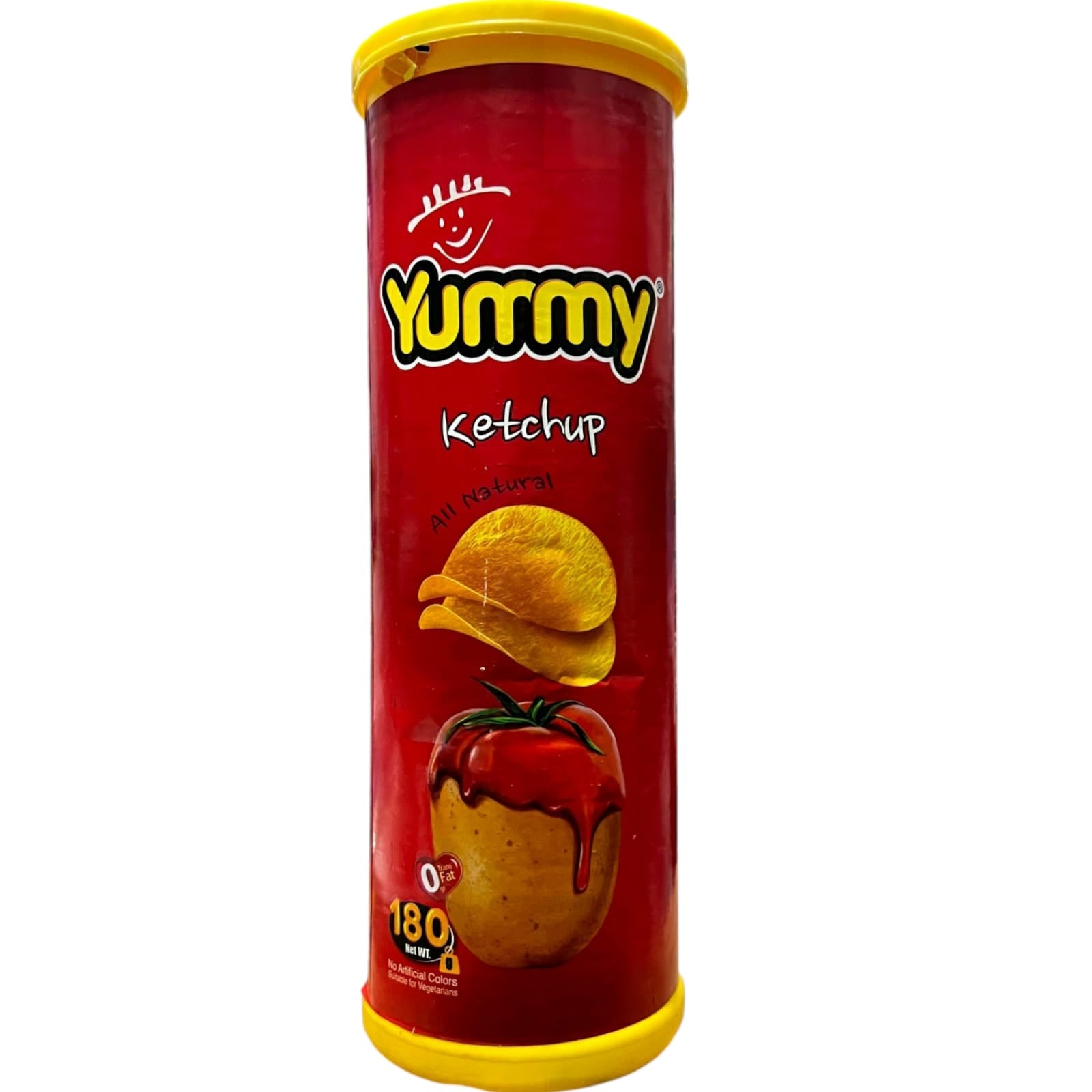 Yummy Premium Ketchup Stackable Potato Chips – 50% Less Fat Savory Tomato Crisps (180g Canister)